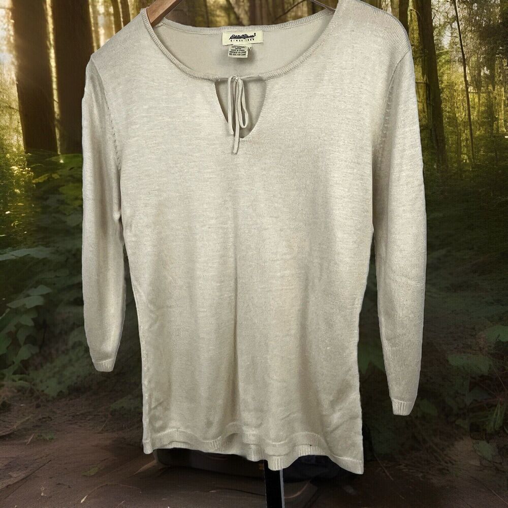 Eddie Bauer Sweater‎ Keyhole Tie Pullover Beige Cotton Women Small Cottage Boho
